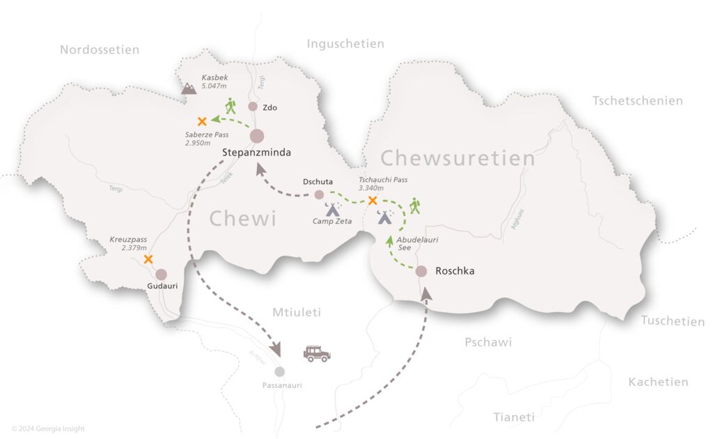 Karte mit Reiseroute zur Georgien Reise Trekking Chewsuretien 3 Tage 
