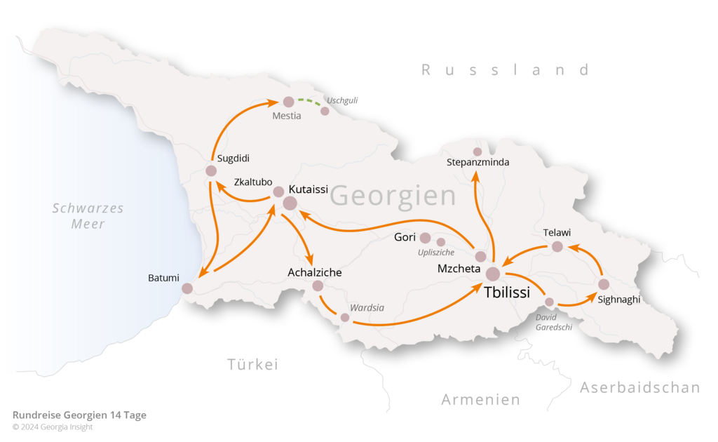 Karte mit Reiseroute zur Georgien Reise Rundreise Georgien 14 Tage 