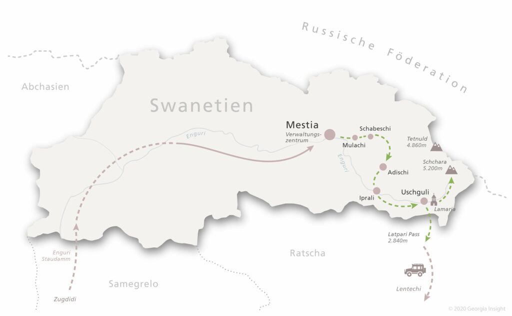 Karte mit Reiseroute zur Georgien Reise Trekking Swanetien 9 Tage 